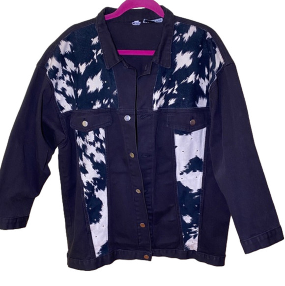 david david Jackets & Blazers - DAVID David vintage coastal cowgirl denim rhinestone cow print oversized jacket